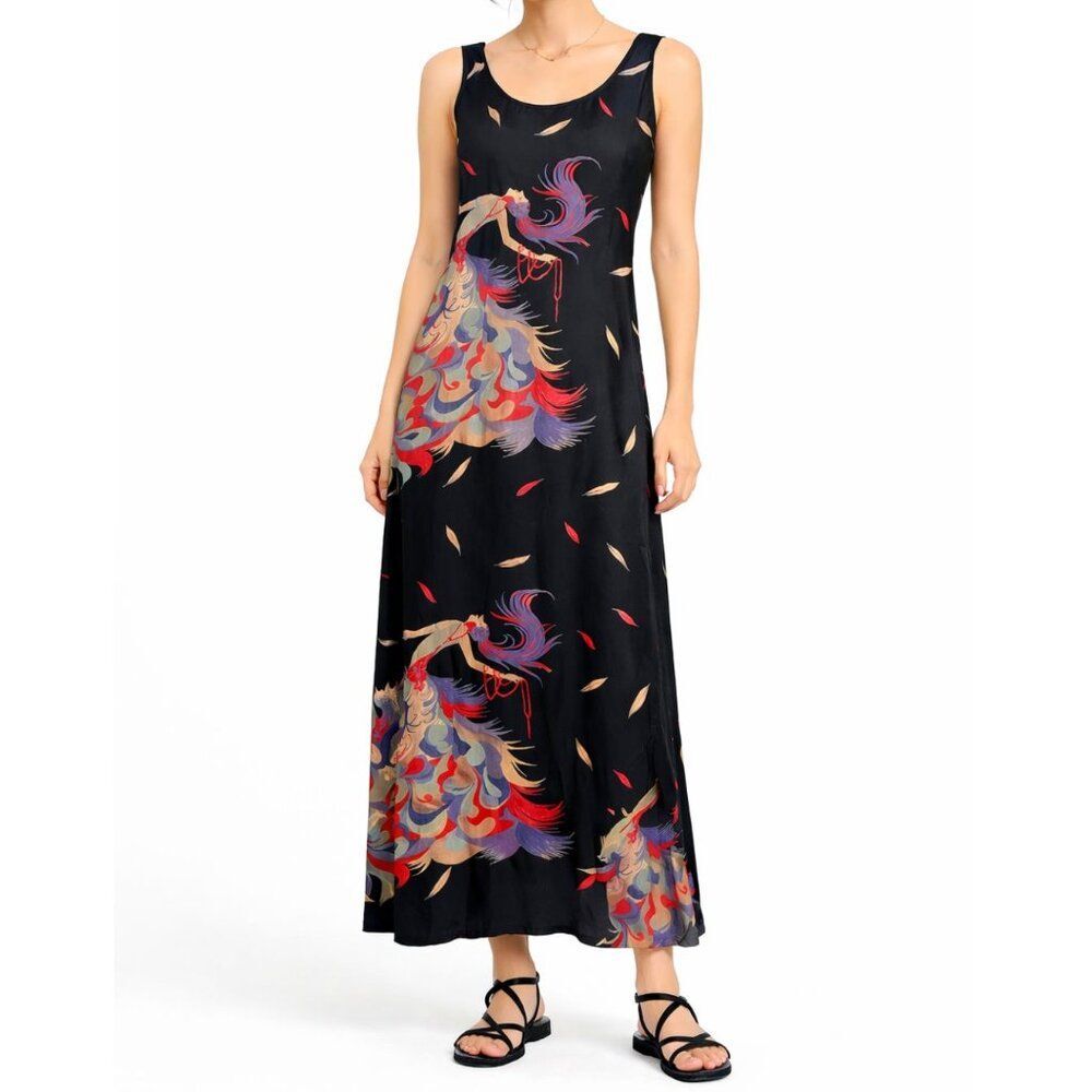 Vintage Citron Black 100% Silk Maxi Dress with Print Asian Goth Whimsigoth Arts